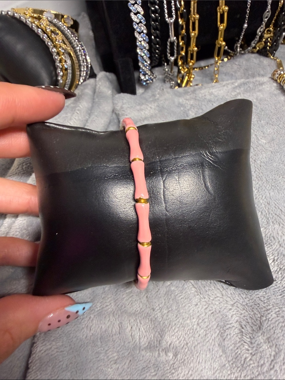 Pink Enamel Bamboo-Style Stretch Bracelet with Gold Accents